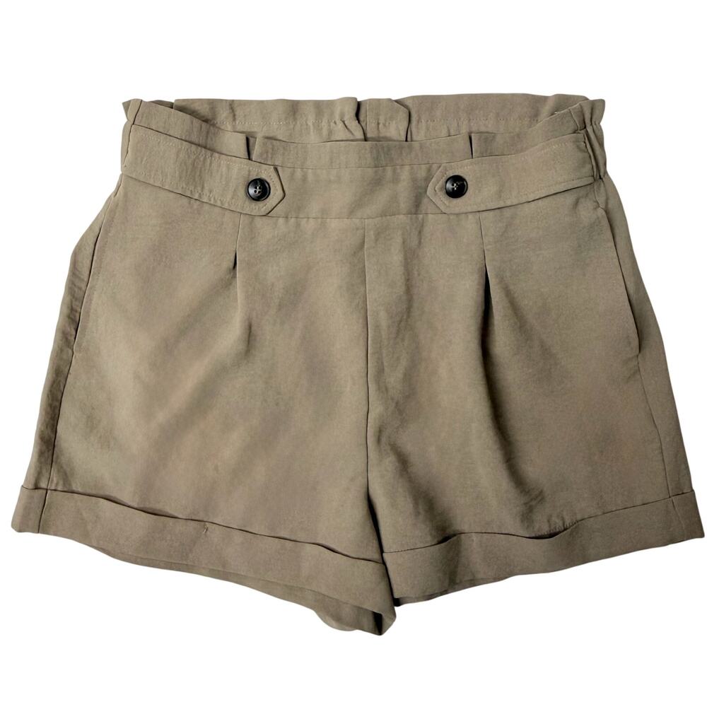 Cisono Womens Paperbag Waist Shorts Large Beige Cuffed Pull On Casual